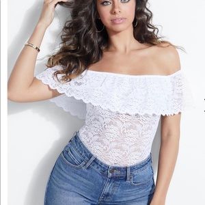 Guess White Off The Shoulder Lace Bodysuit